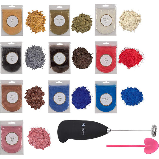 Metallic Epoxy Resin Color Pigments 10 Colors Gold, Silver, Blue and Red Collection Metallic Mica Powder with Mixing Supplies Resin Kit