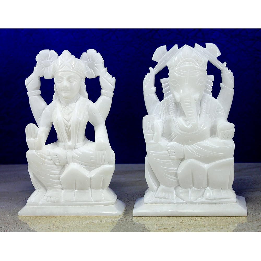 StonKraft - 7 Inch (Big Size) - Ganesha Lakshmi Idol - Handmade Indian Marble Puja Ganesha Ganpati Ganesha Lakshmi Idol Statue, Murti