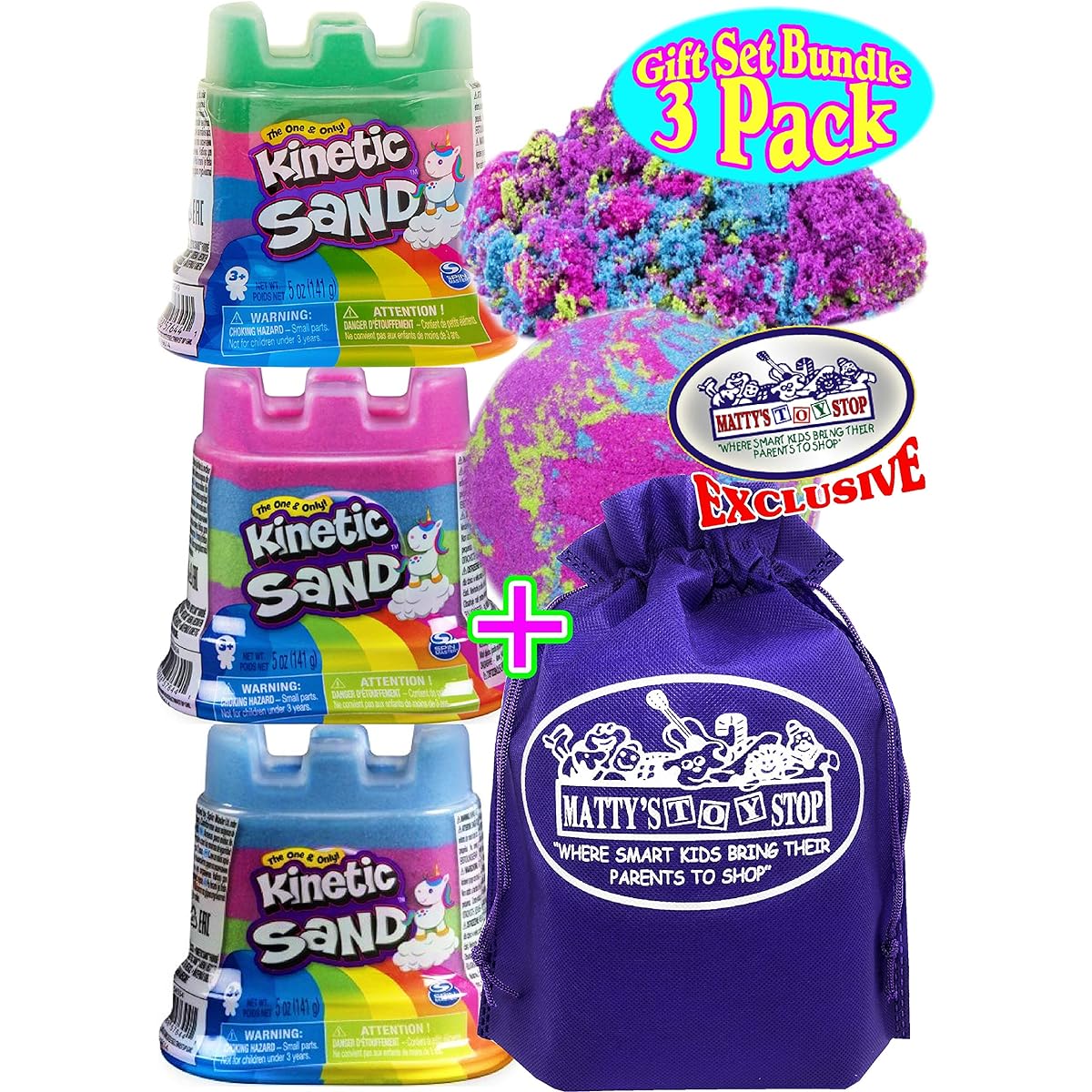 Kinetic Sand Rainbow Modeling Sand 5oz Unicorn Castle Container Gift Set Party Bundle with Bonus Matty's Toy Stop Storage Bag - 3 Pack