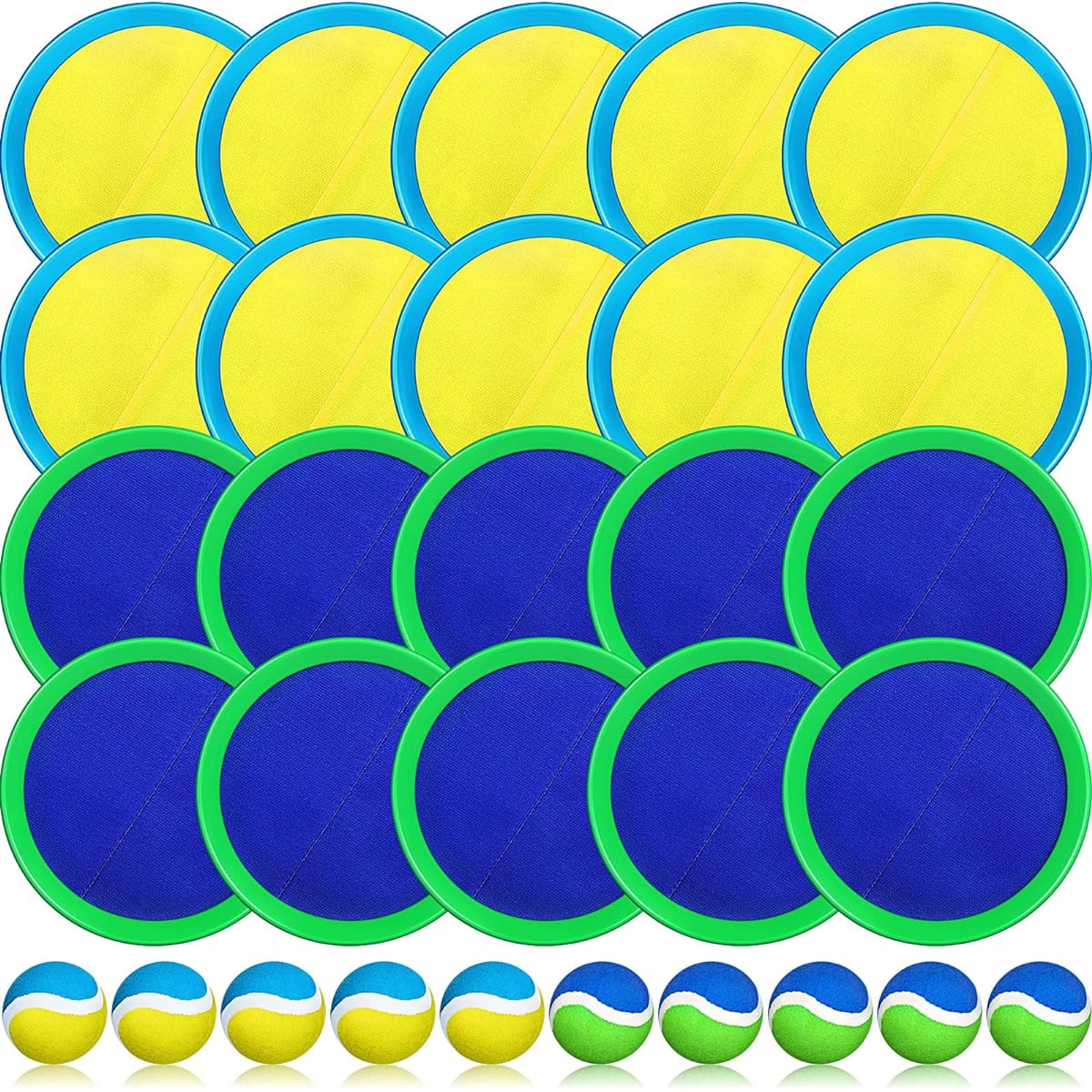 Kids Toy Toss & Catch Game Set 20 Paddles 10 Balls Beach Game Outdoor Ball Sports Game Catch Ball Set with Paddle Ball Nylon Catch Toy for Kids Adults Playground (Blue Green Pink Yellow Blue)