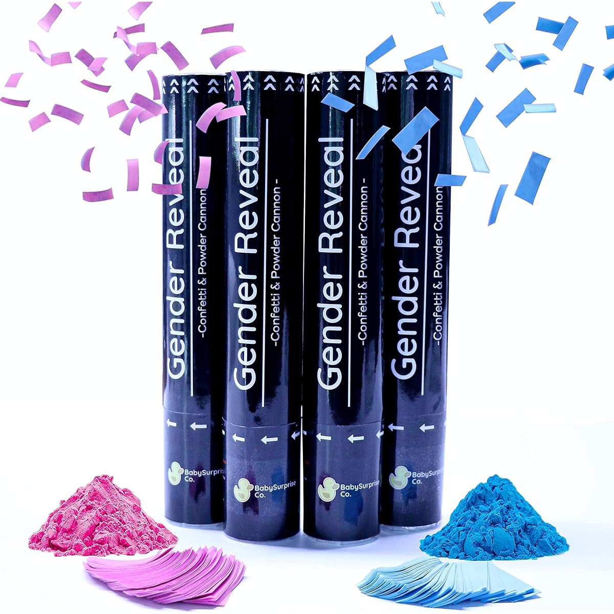 Baby Surprise Co. Gender Reveal Paper Confetti Cannon - 2 Pink and 2 Blue - Powder Smoke 100% Non-Toxic Food Grade Cornstarch - Safe and Easy to Clean Air Compressed Party Popper - Big Bright Explosions for Photo Effects
