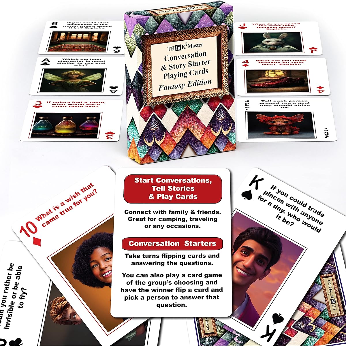 THINK2MASTER Fantasy Edition Playing Cards - 54 Cards with Family-Friendly Questions and Pictures for Conversation Story Starters Tabletop Game