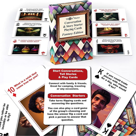 THINK2MASTER Fantasy Edition Playing Cards - 54 Cards with Family-Friendly Questions and Pictures for Conversation Story Starters Tabletop Game