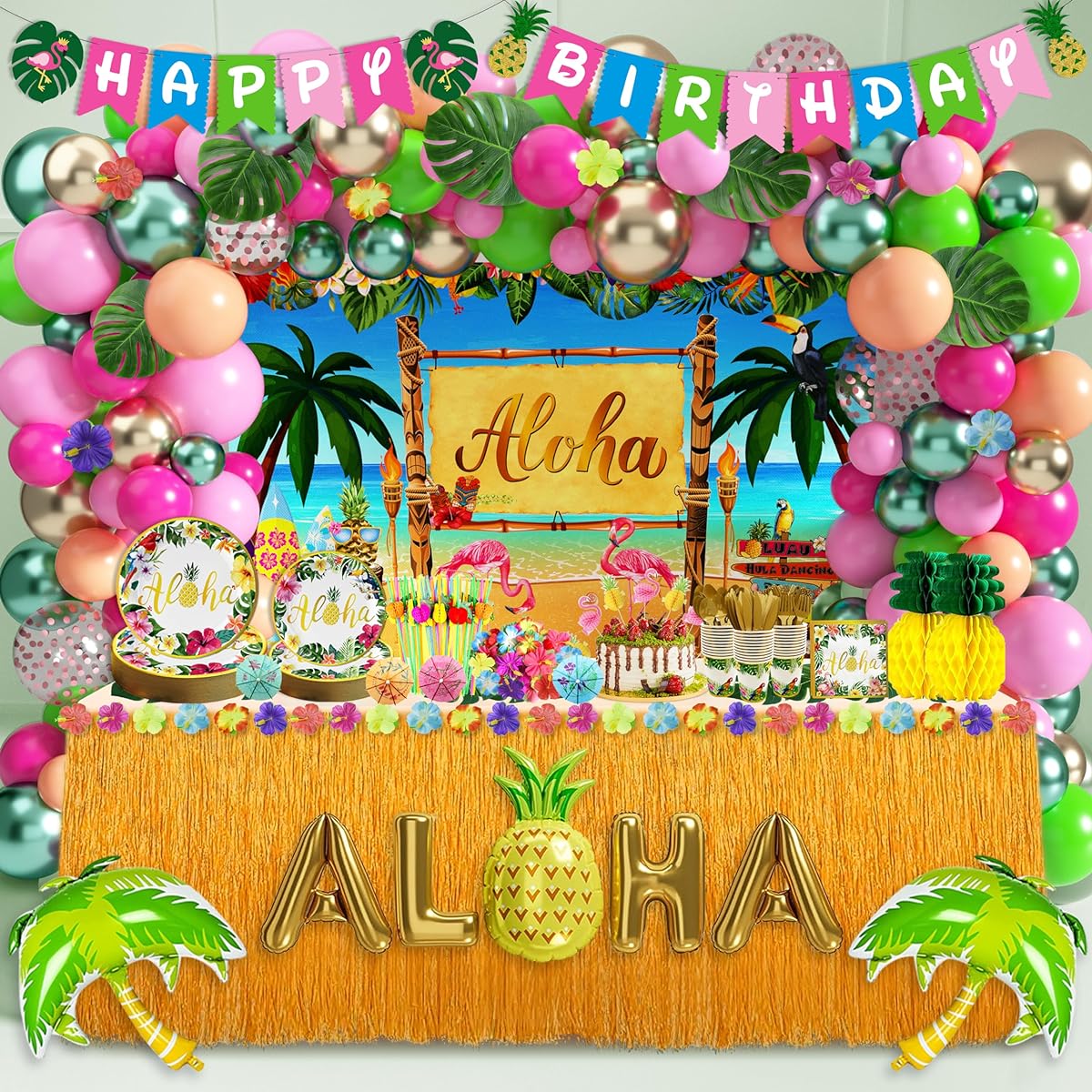 Luau Birthday Party Decorations 323pcs Hawaiian Tropical Aloha Party Supplies Summer Beach Holiday Disposable Tableware Set (24 Guests), Table Skirt, Straws, Backdrop Banner, Balloon Garland Kit (Luau-01)