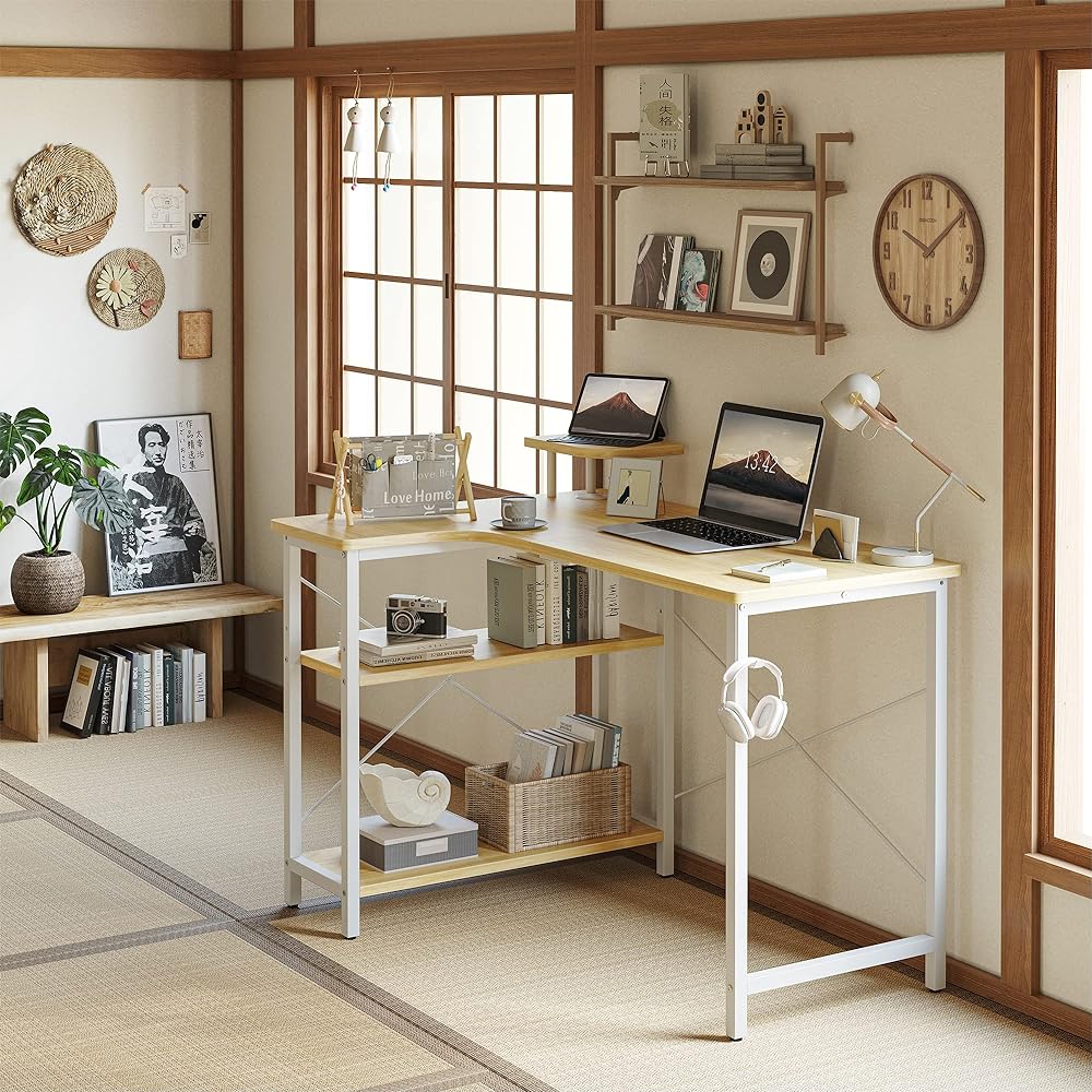 CubiCubi L-shaped desk computer desk PC desk width 110cm gaming desk desk L-shaped desk work desk storage desk with rack corner desk telework home work natural left