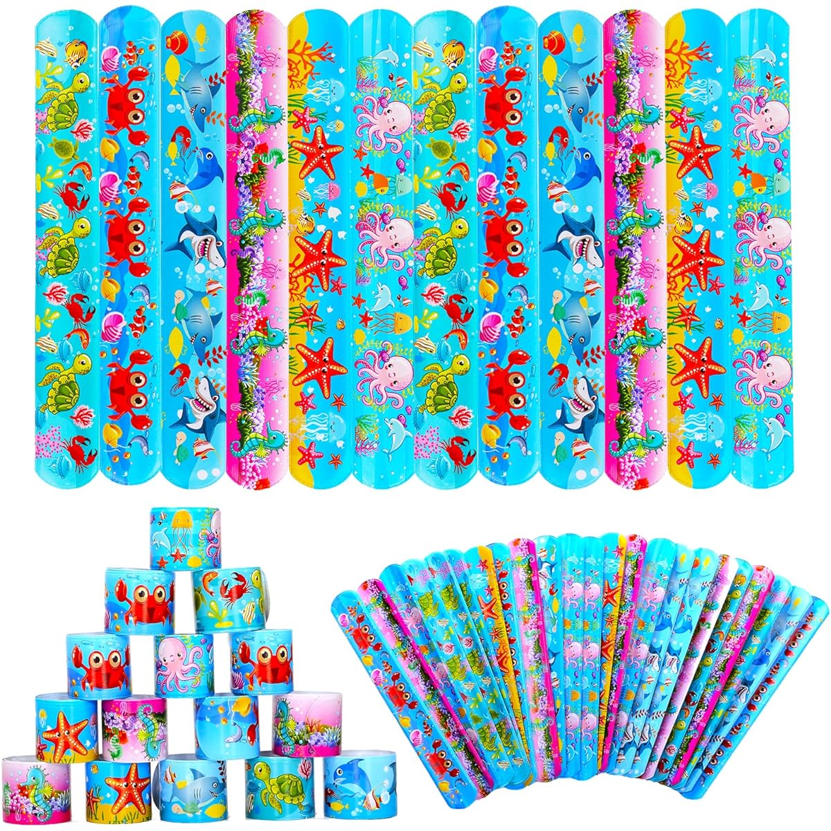 NENMATTE Ocean Animal Slap Bracelets Kids Party Favors, 24pcs Kids Friendship Bracelets, Ocean Themed Party Supplies Decorations, Snap Animal Wristbands, Kids Party Gift Bag Fillers