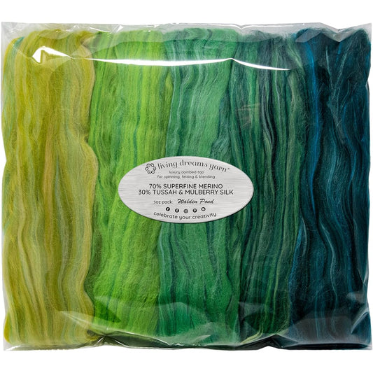 The ultimate luxury blend of superfine merino wool, lustrous mulberry silk and premium tussah silk for spinning, felting and blending. 5 vibrant color blends inspired by Thoreau's Walden Pond