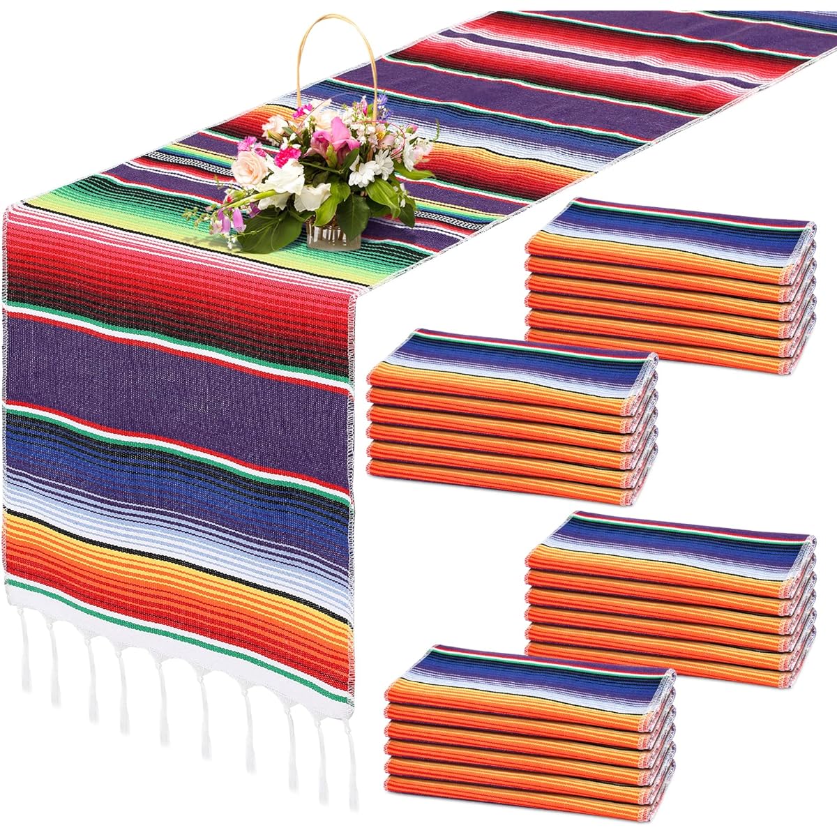 Mexican Serape Table Runner Hand Woven Fringe Cotton Serape Blanket Table Runner Colorful Mexican Striped Table Runner Mexican Party Decorations Fiesta Party Supplies 14 x 84 Inch 24 Pieces