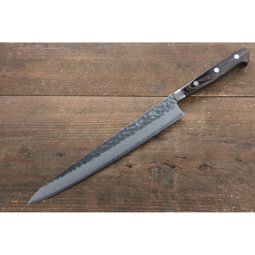 Seisuke AUS8 Hammered Sujihiki Knife 240mm Brown Plywood Handle