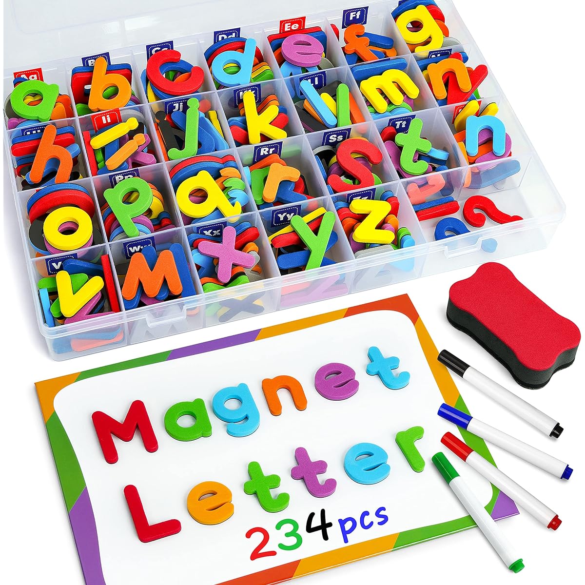 Magnetic Letters 234 Pcs, Uppercase Lowercase Foam Alphabet ABC Fridge Magnets, Educational Toy Set for Classroom Kids Learning Spelling with Magnetic Board and Storage Box