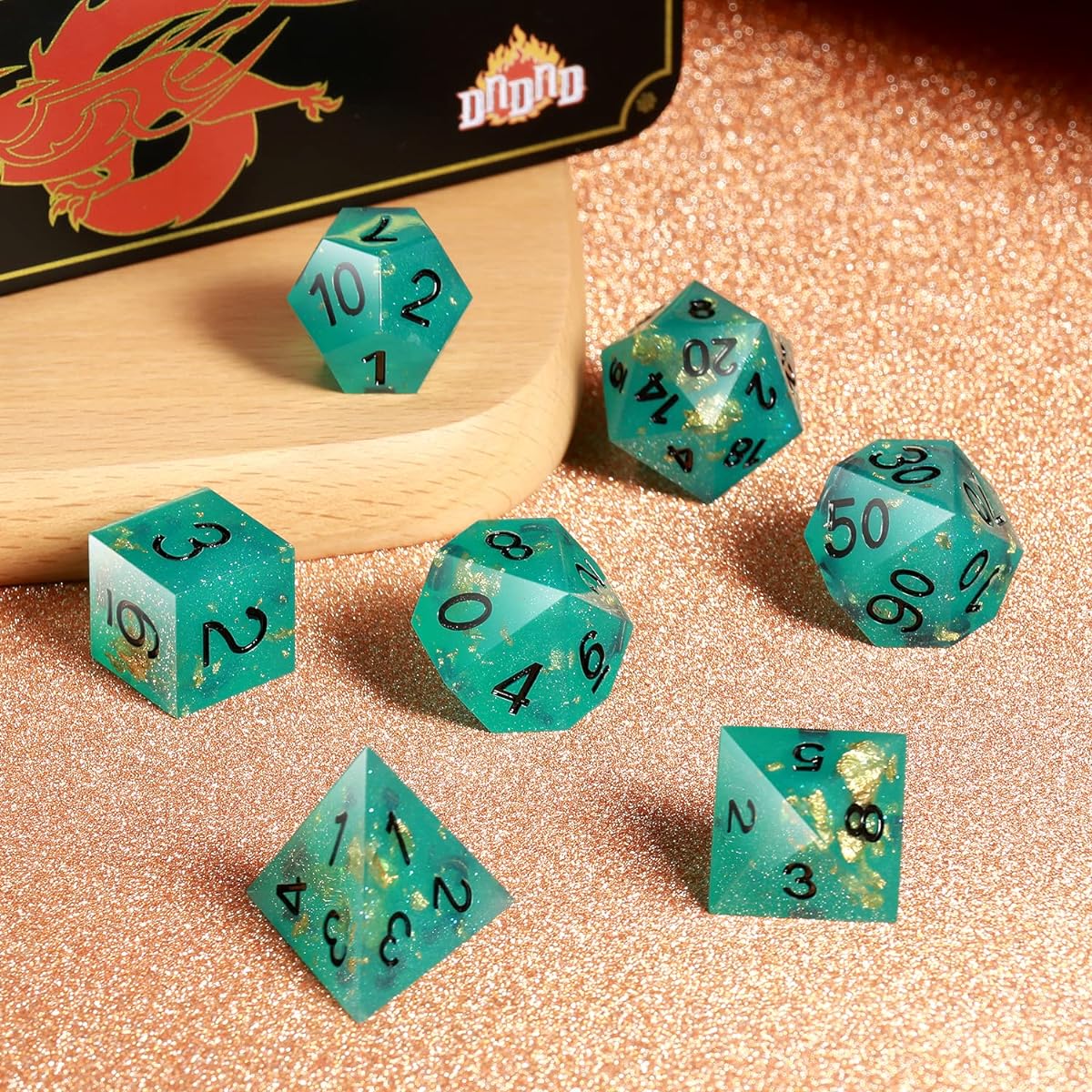 D&D Dice Set DND Handmade Sharp Edge 7 Piece DND Dice with Gift Case for Dungeons and Dragons Game Blue Numbered