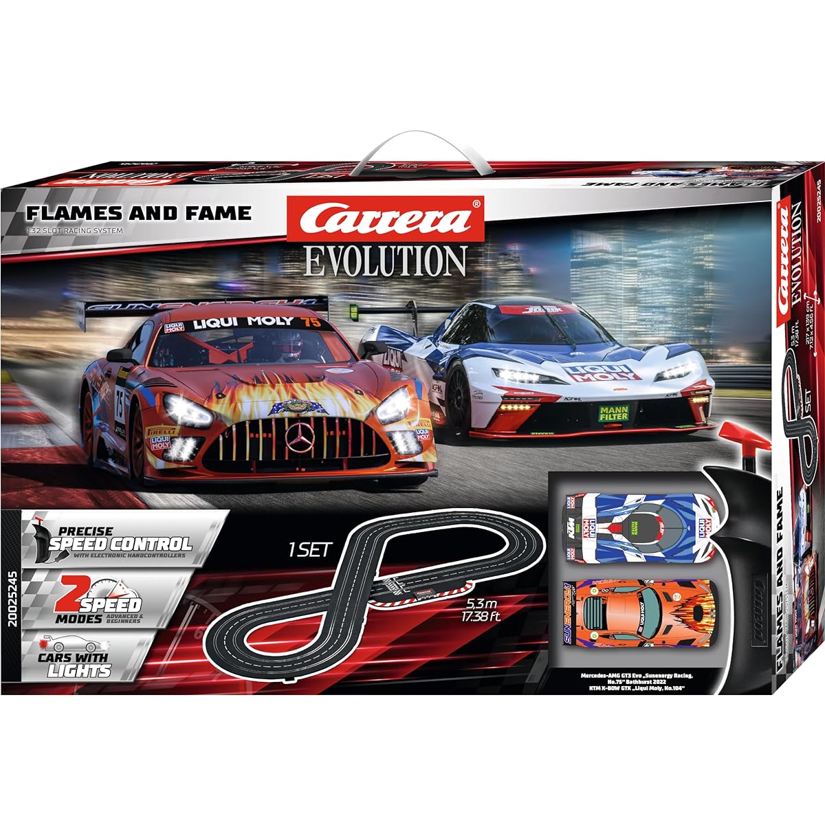 Carrera Evolution 20025245 Flames and Fame Analog Electric 1:32 Scale Slot Car Race Track Set - 2 1:32 Scale Cars and 2 Dual Speed Controllers, Ages 8+