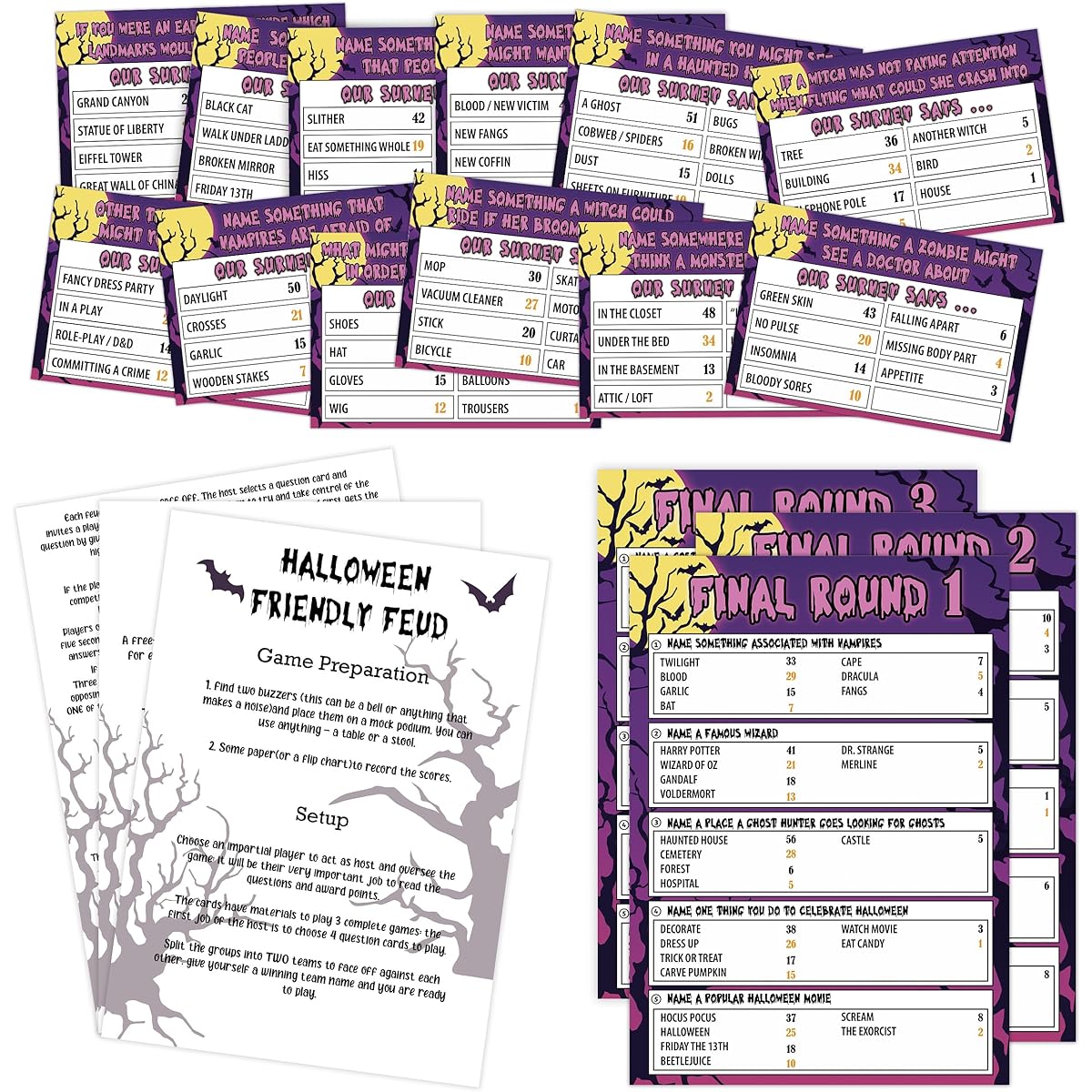 Halloween Friendly Feud Game Family Game Night Halloween Quiz Trick or Treat Alternative Game Halloween Party Games for Family Activities - 12 Question Cards and 3 Quick Fire Final Round Cards (02)