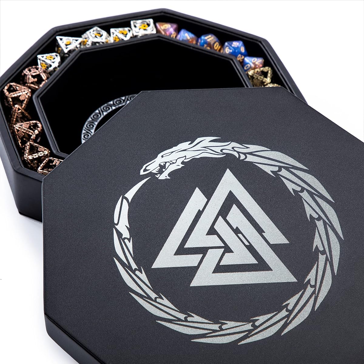 DND Dice Tray - Premium 8" Dice Tray Dungeons & Dragons - Beautiful Silver Balnut and Dragon Design - Perfect RPG Dice Rolling Tray with D&D Dice Box Storage to Protect Your Dice.