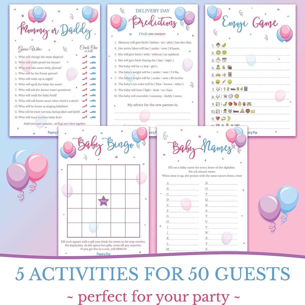 Gender Reveal Party Games - 5 Activities for 50 Guests - Double Sided Game