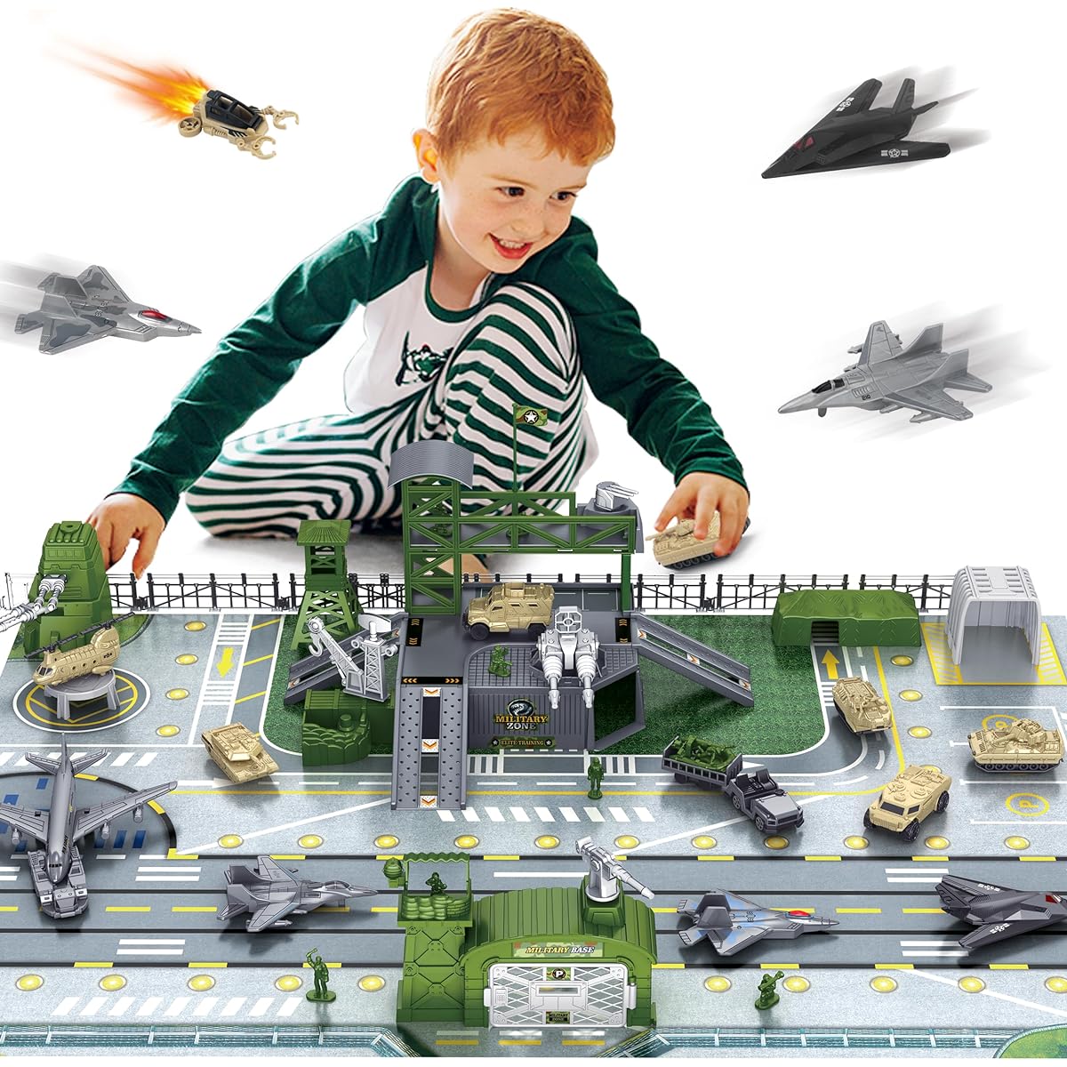 XDUOYJOY Army Toys Military Plane Tank Toy Set 13 Vehicles Truck Helicopter Fighter Plane Playmat with Army Male Action Figure and Accessories Birthday Gift for Boys