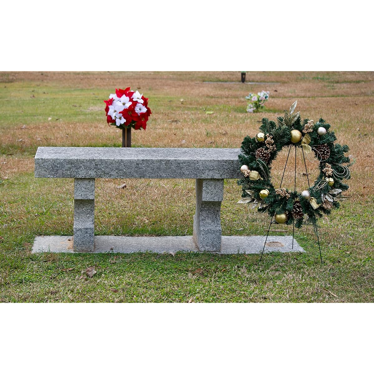 Sympathy Silks Christmas Memorial Wreath Decoration - Gold Leaves and 30" Easel Decoration - Artificial Green Wreath - Fade Resistant