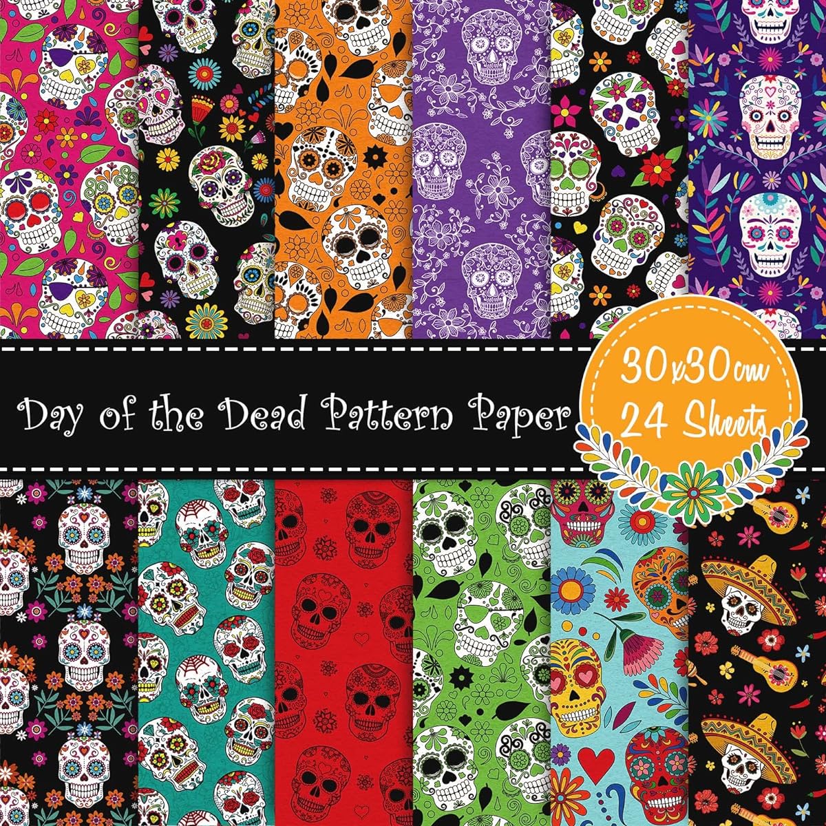 Whaline 24 Sheets Day of the Dead Pattern Paper 30x30cm Scary Skeleton Scrapbook Paper Double Sided Halloween Craft Paper for Card Making Scrapbooking Photo Album Decoration 12 Designs
