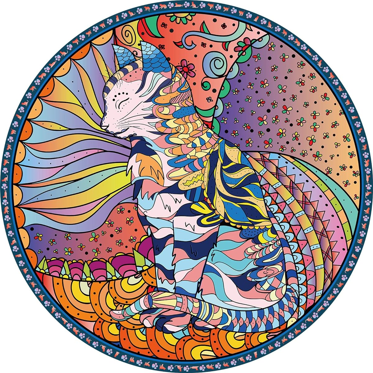 Bgraamiens Puzzle-Mandala Cat-1000 Piece Animal Puzzle Color Challenge Round Mandala Cat Jigsaw Puzzle