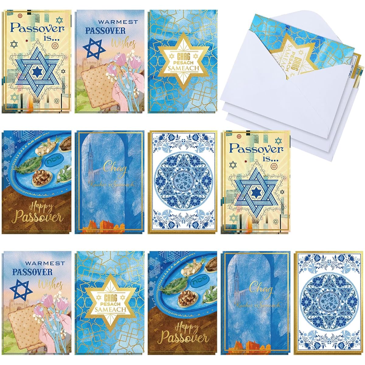 Janlaugh 24 Sets Passover Greeting Cards with Envelopes Passover Holiday Cards Assorted Jewish Holiday Cards for Office School Home Happy Passover Cards Passover Holiday Party Supplies (6 Styles)