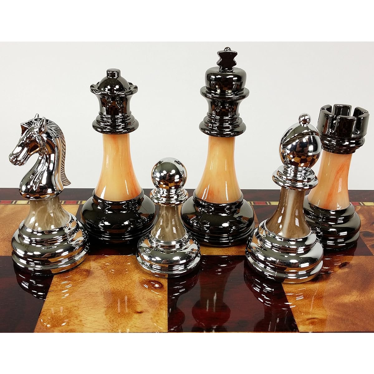 HPL 3 1/2" King Staunton Chrome & Black Chrome Weighted Pro Plastic Chess Men's Pieces Set - No Board