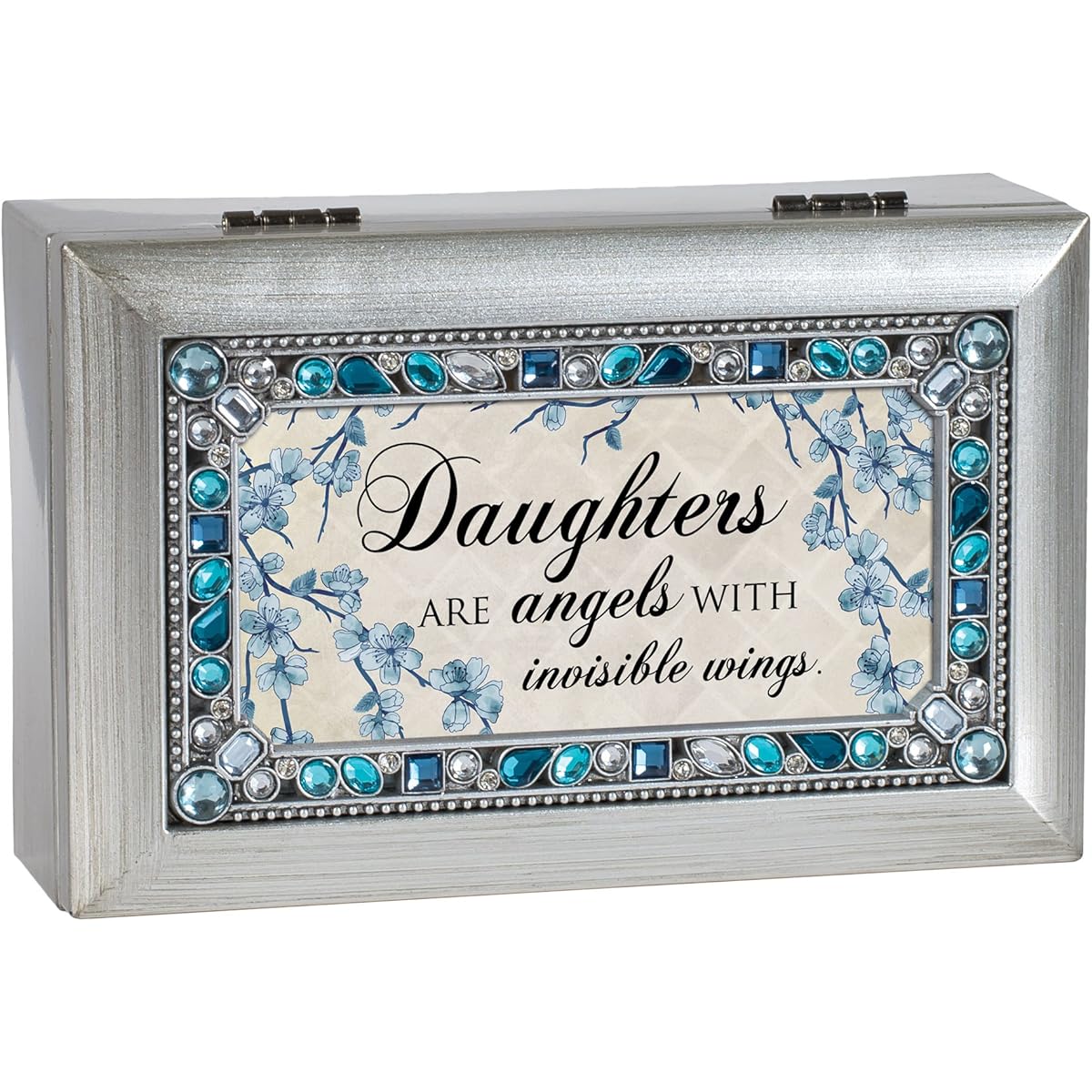 Daughters Angels with Wings Blue Jeweled Silver Tone Petite Music Box Plays Amazing Grace