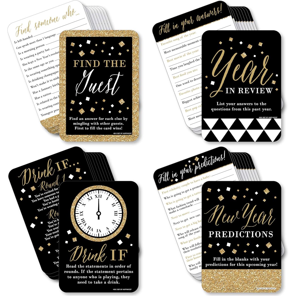 Big Dot of Happiness New Year's Eve - Gold - 4 New Year's Eve Party Games - 10 Cards Each - Year in Review Try to find your guests