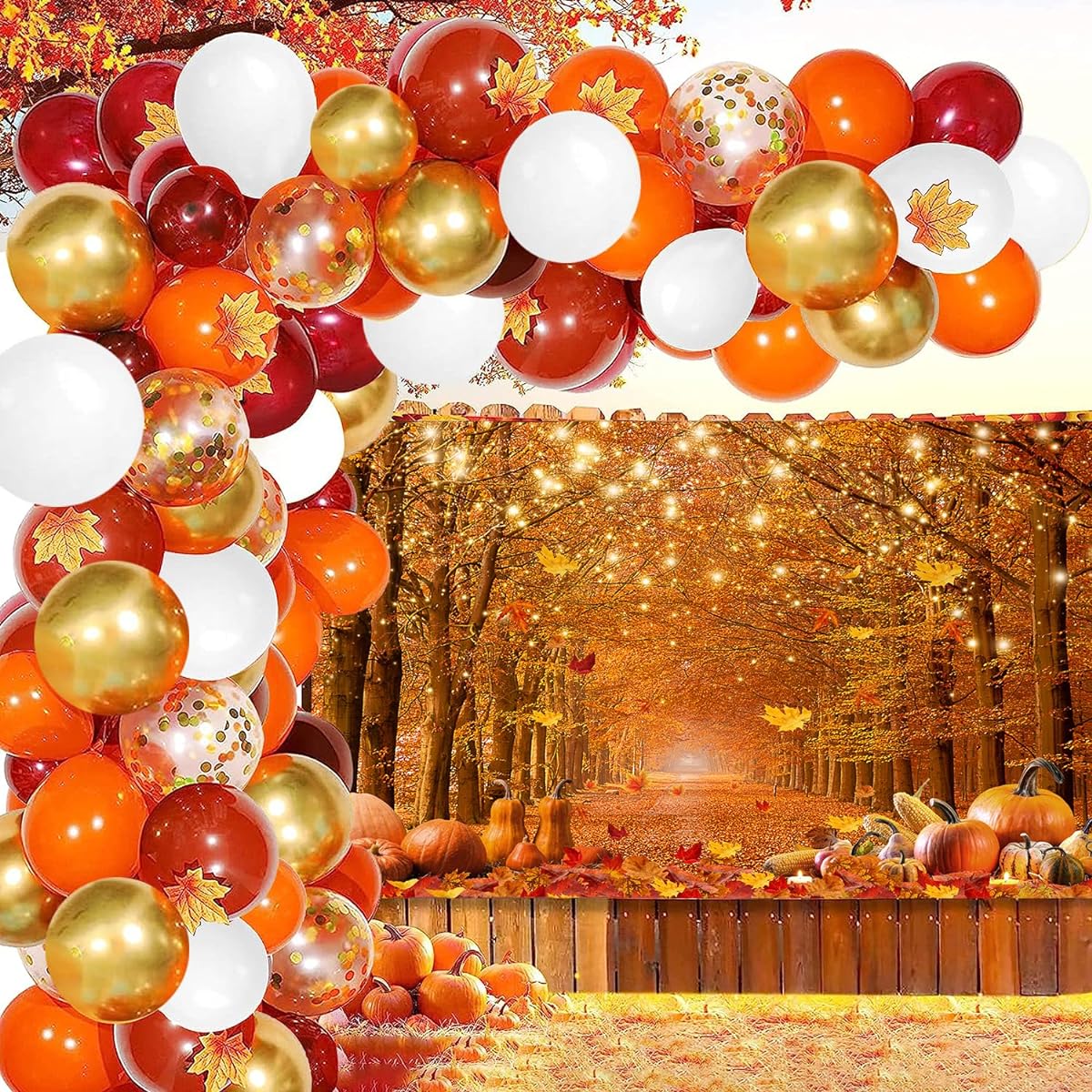 7x5ft Thanksgiving Forest Photography Backdrop Maple Leaf Balloon Arch Kit for 1st Birthday Party Fall Party Sparkly Pumpkin Tree Nature Scene Baby Shower Decorations