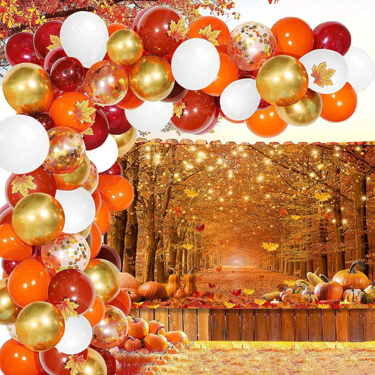 7x5ft Thanksgiving Forest Photography Backdrop Maple Leaf Balloon Arch Kit for 1st Birthday Party Fall Party Sparkly Pumpkin Tree Nature Scene Baby Shower Decorations