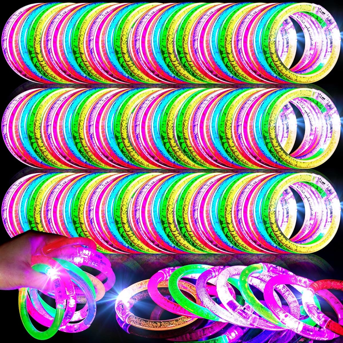 Kenning Glow in the Dark Bracelets 200 Pieces Glow Stick Bracelet LED Flashing Glowing Bracelets Pack for Adults Neon Glow in the Dark Party Favors Rave Concert Birthday Carnival Toy 6 Colors