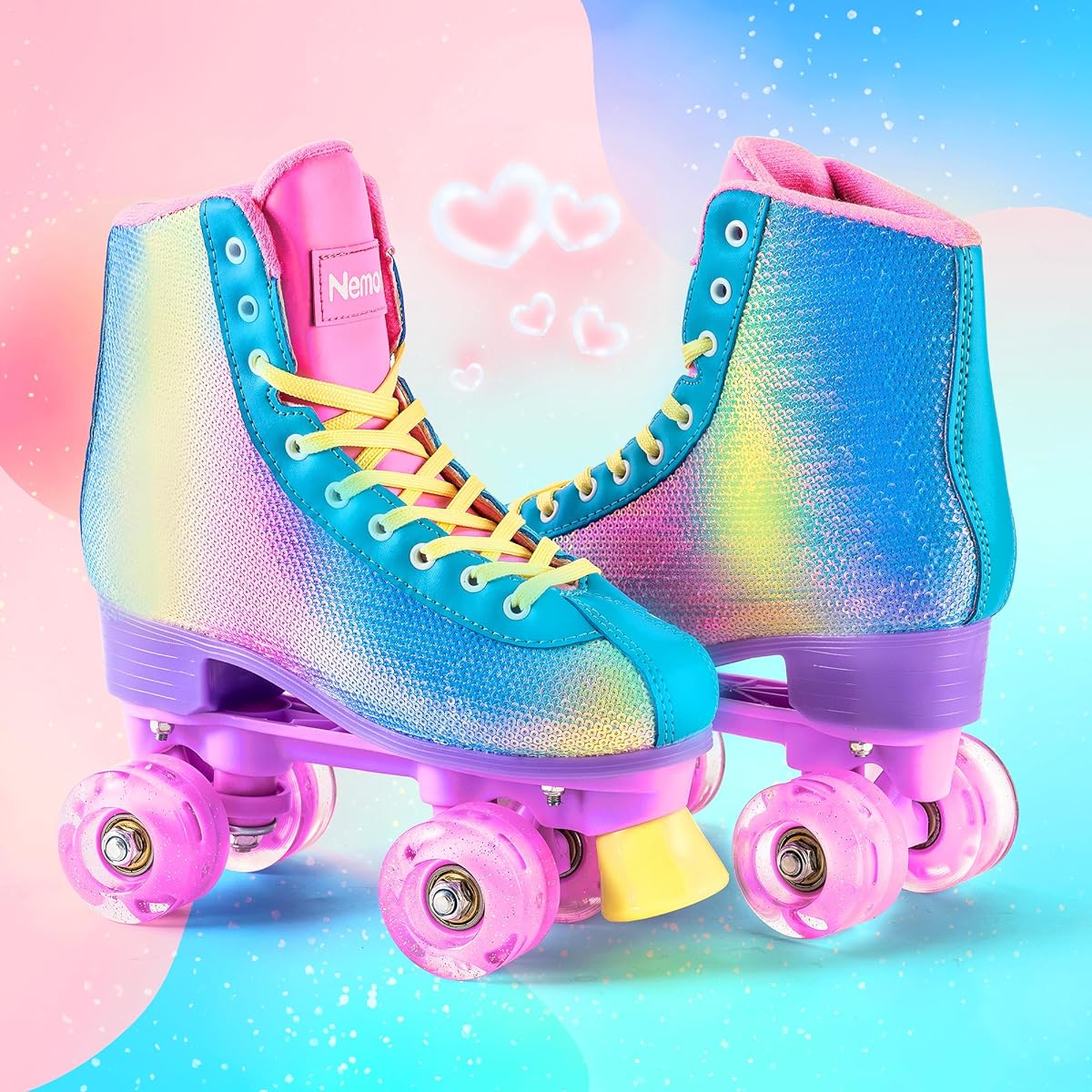 NEMONE Roller Skates for Women, Girls Roller Skates with Light Up Wheels, High Top Shiny Rainbow Roller Skates, Classic Skates for Adults, Youth, Kids, Indoor, Outdoor