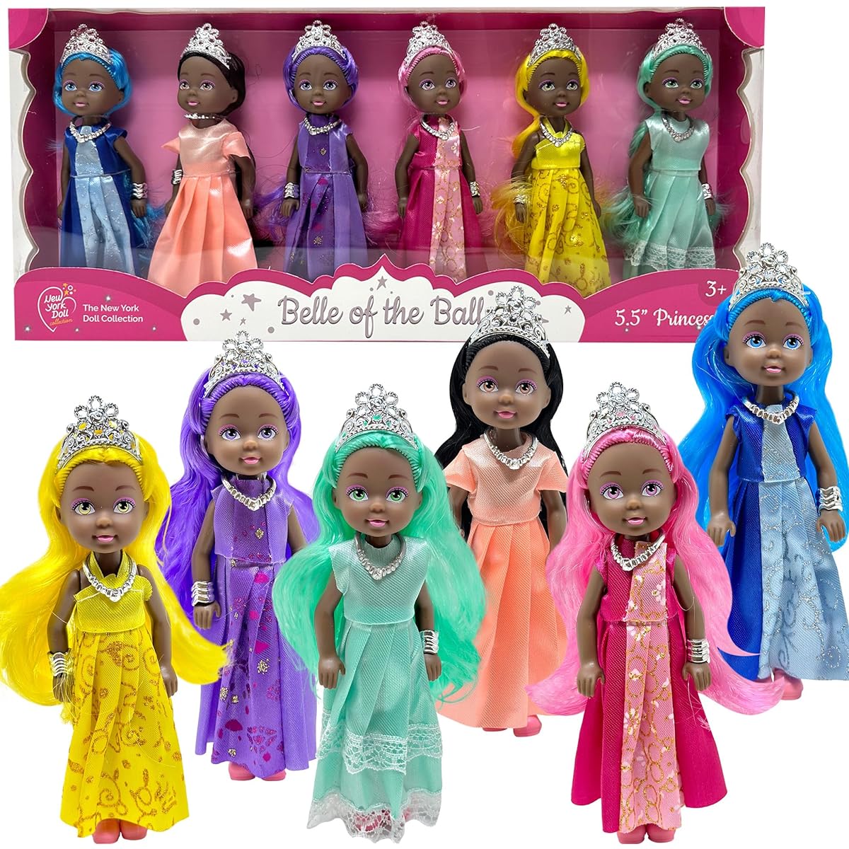 Small Princess Doll Set for Girls - Princess Toy Dolls for Dollhouse - Small Dolls Mini Princess Figures Tiaras Hair Accessories - Set of 6 Small 5.5 Inch Miniature Mini Dolls, B346, African American