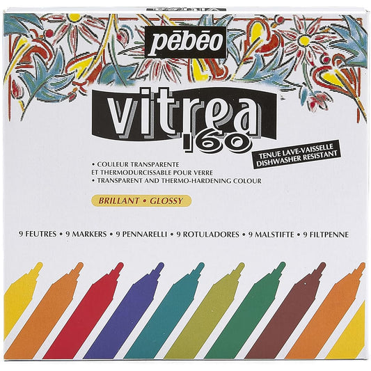 Pebeo Vitrea 160 Glossy Glass Paint Markers - 9 Assorted Color Set DIY Arts & Crafts Paint Supplies Microwave & Dishwasher Safe Formula (118100)