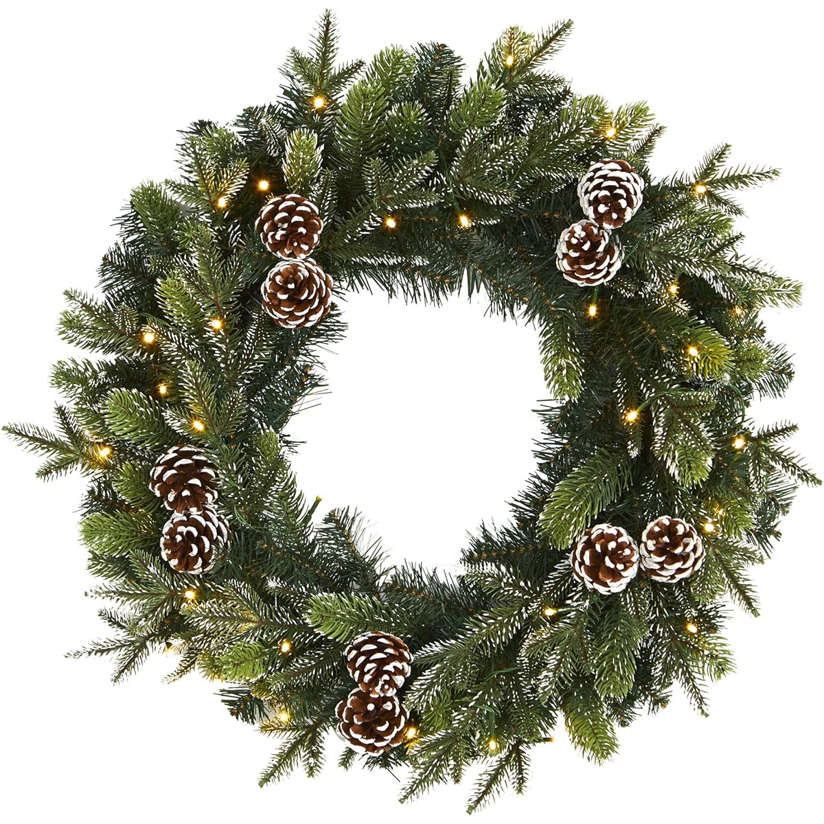 Near Natural 24" Snowy Pine Cone Artificial Christmas Wreath with 35 Clear LED Lights, Green, 5x24x24"