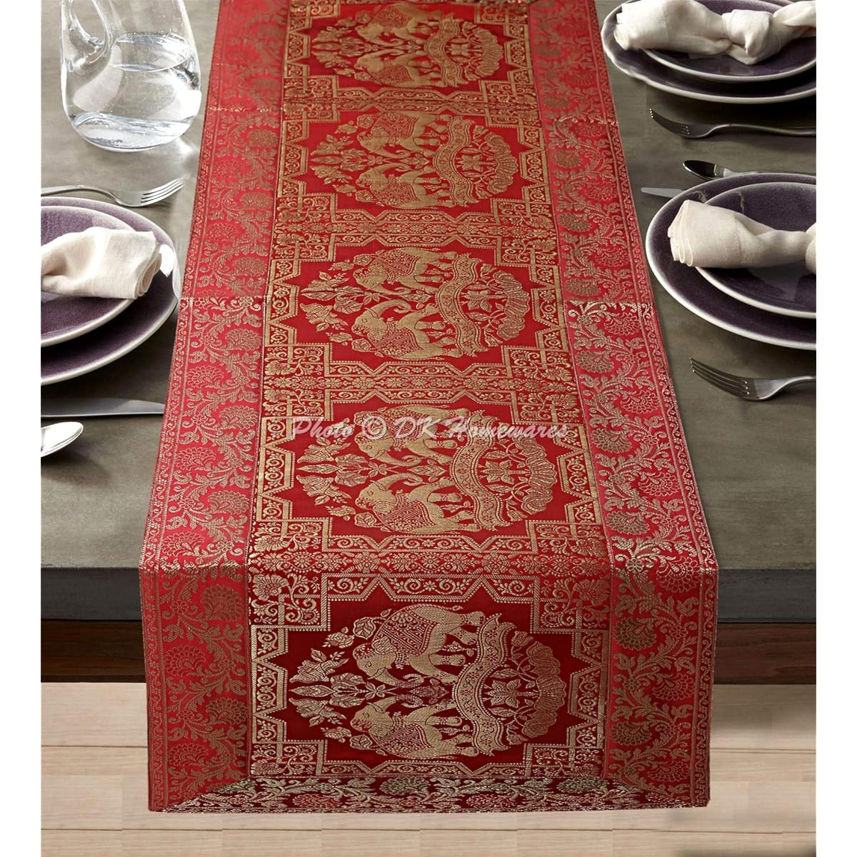DK Homewares Traditional Indian Birthday Party Coffee Table Decoration Brocade Tablecloth Red Gold 60" Length Jacquard Elephant 5ft Table Runner (150 x 40cm)