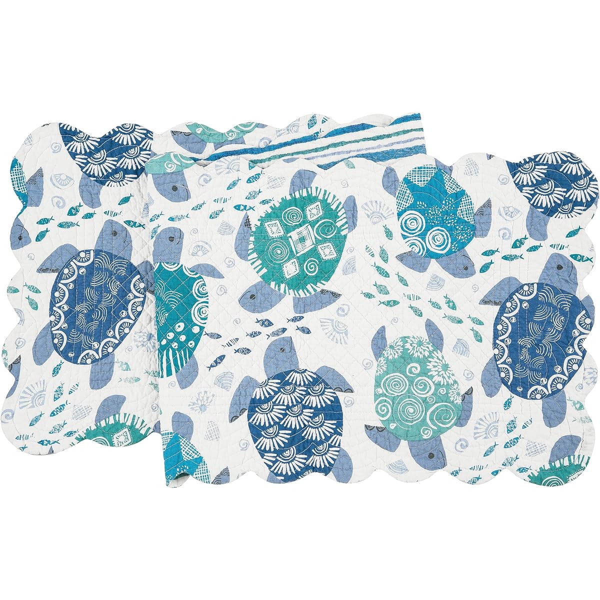 C&F Home Turtle Bay Quilt Reversible Rectangular Table Runner White Blue Teal Beach Coastal Nautical Reverse Stripe Blue