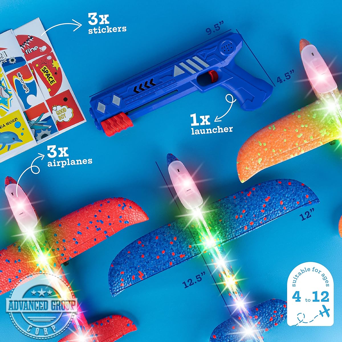 Advanced Group Corp. Airplane Launcher Toy | 3 Pack - Flying Glider Foam Planes Kids Outdoor Toys with Flashing LED Lights - Great Birthday Gifts for Kids 4 5 6 7 8 9 10 11 12 Boys & Girls Ages 4-12
