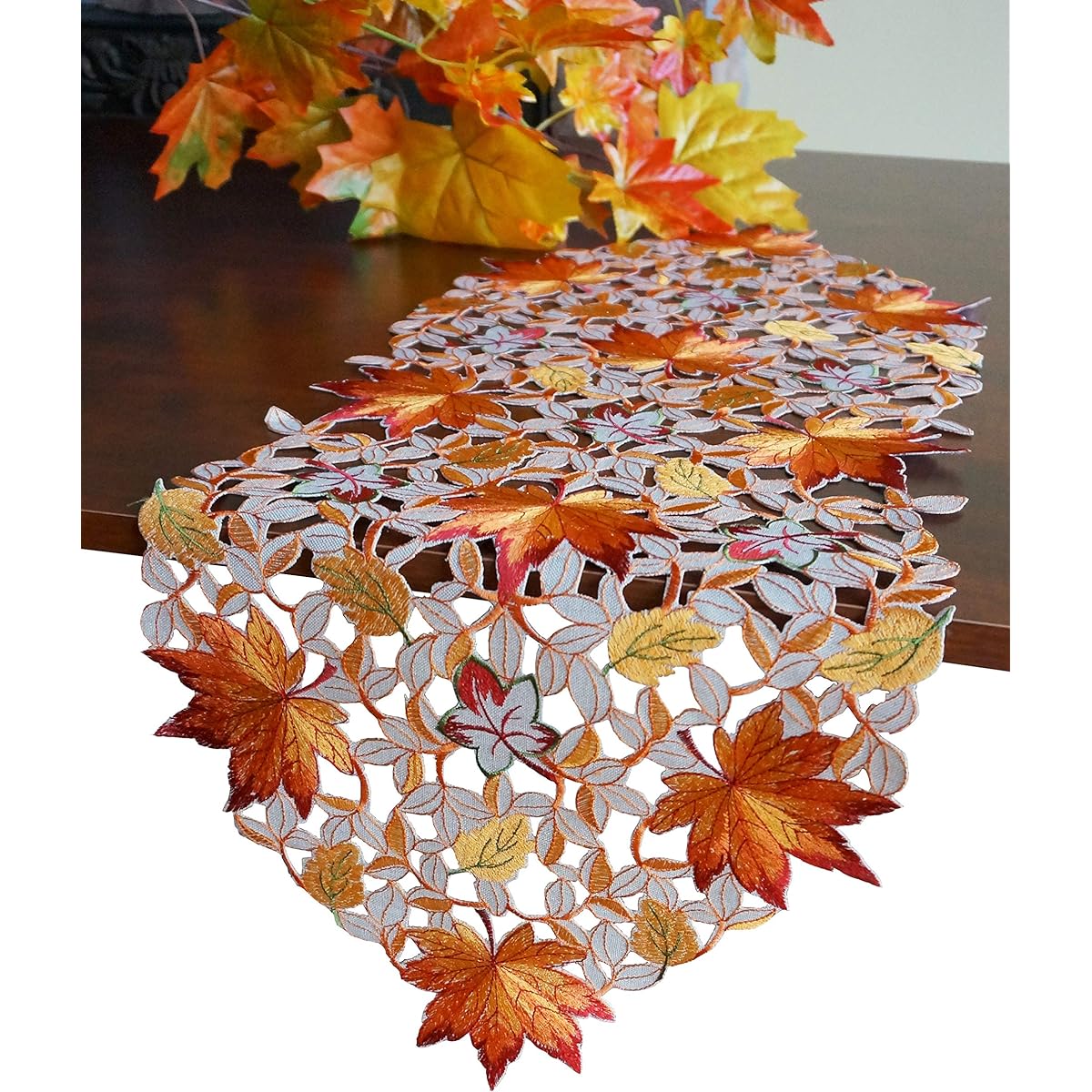 Fall Thanksgiving Harvest Table Runner 13"x34" Fall Embroidery Cutwork Maple Leaf Dresser Scarf Table Cover Home Kitchen Fall Harvest Fall Decor