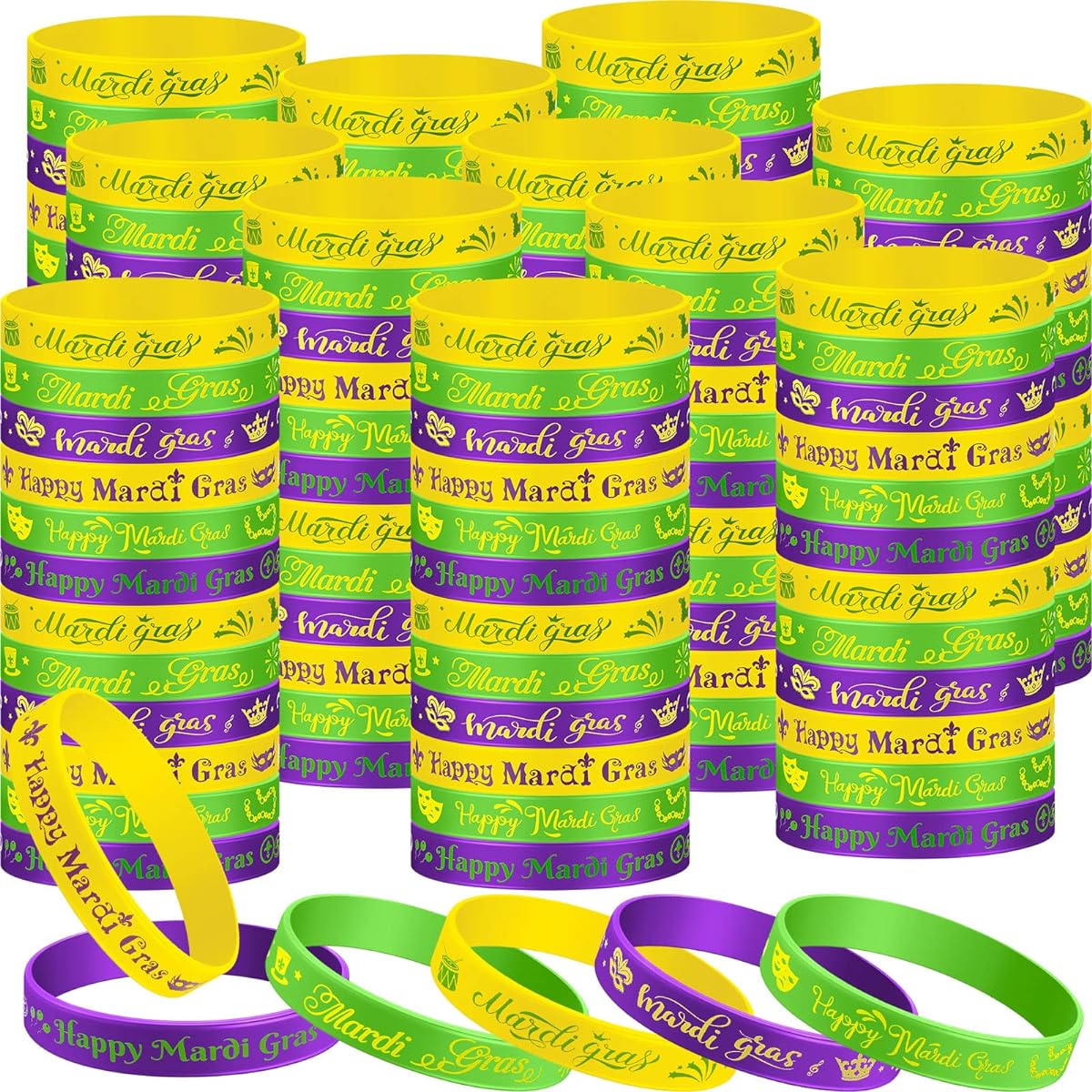Mardi Gras Silicone Bracelets, Mardi Gras Party Favors Rubber Bracelets Party Supplies Decorations Goodie Bag Stuffers Silicone Wristbands (192pcs)