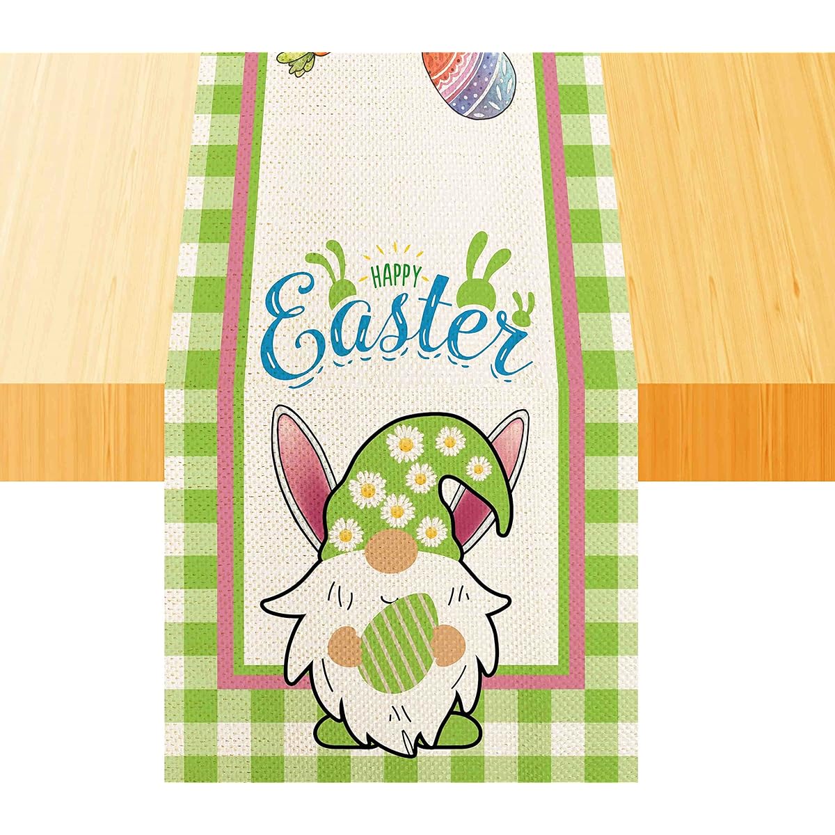 FLCHWY Happy Easter Buffalo Check Gnome Table Runner, Easter Bunny Egg Table Runner,Seasonal Spring Dining Room Holiday Table Decorations Kitchen Farmhouse Home Party Table Decorations 13 x 72 Inch