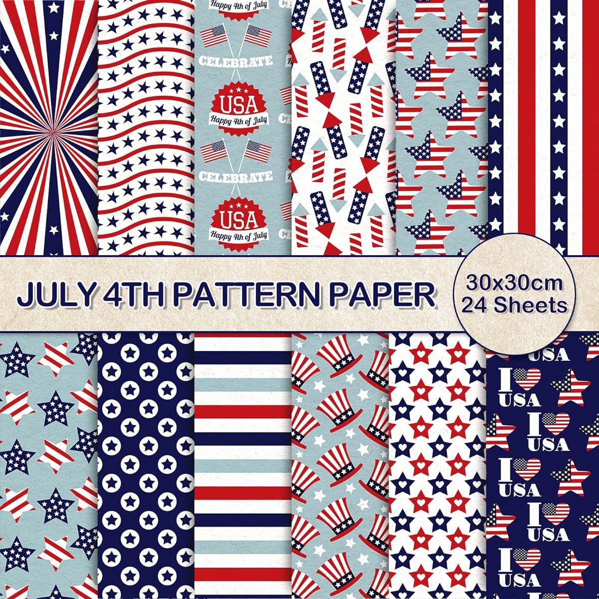 Whale 24 Pieces 4th of July Pattern Paper Pack USA Flag Scrapbook Specialty Paper Double Sided Collection for Card Making Patriotic Craft Paper Scrapbooking Photo Album Decoration