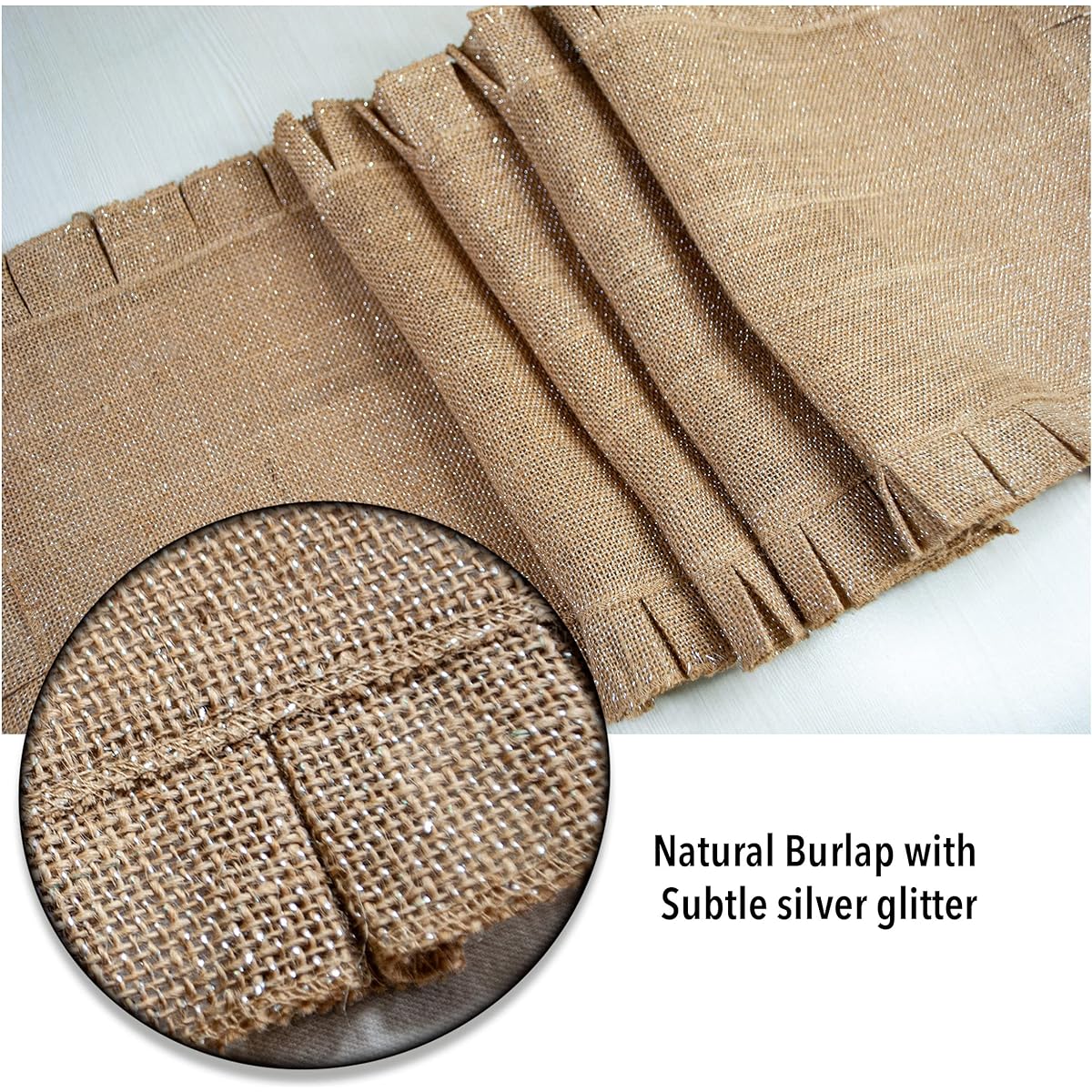 Chardin home Natural jute burlap with metallic silver pleated ruffles