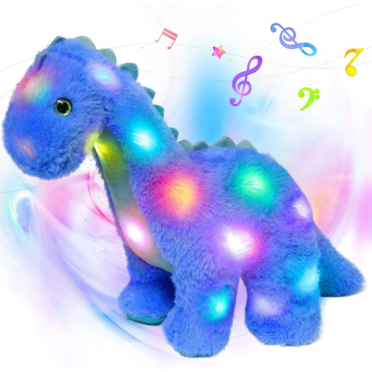 Hopearl LED Musical Plush Toy Dinosaur Light Up Singing Diplodocus Soft Stuffed Animal with Long Neck Adjustable Volume Lullaby Animated Relaxing Gift for Kids Toddlers Blue 16 Inch
