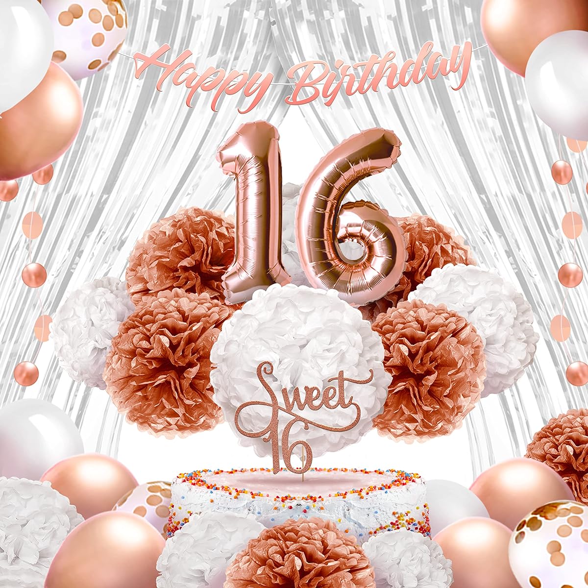 EpiqueOne Birthday Party Decorations - Balloons Party Supplies Kit - Sweet 16 Rose Gold Decor With 2 Silver Curtains, Balloons, Banner, Mylar & Pompoms |Gold|40 Pcs