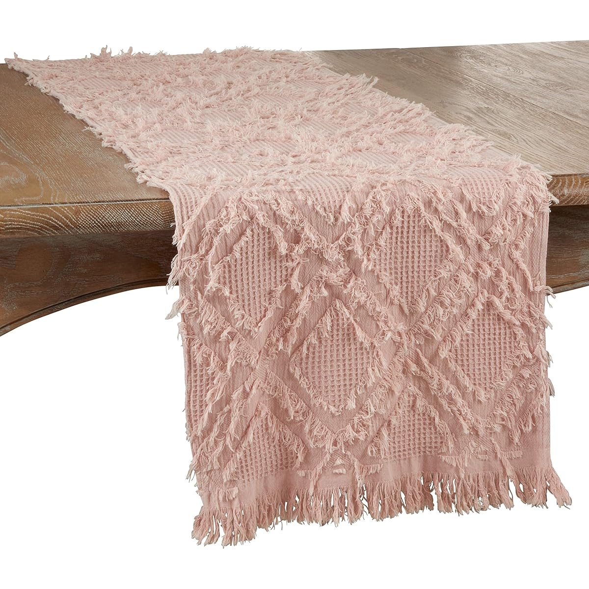 SARO LIFESTYLE Ivory Line Collection Fringe Waffle Weave Table Runner, 16" x 72", Rose