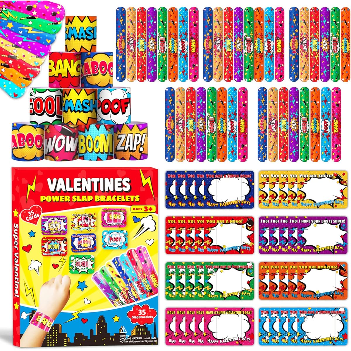 Valentine's Day 35 Pack Slap Bracelets with 35 Valentine Superhero Cards, Slap Wristbands for Valentine's Day Party Favors, Kids School Supplies, Game Prizes, Gift Exchange