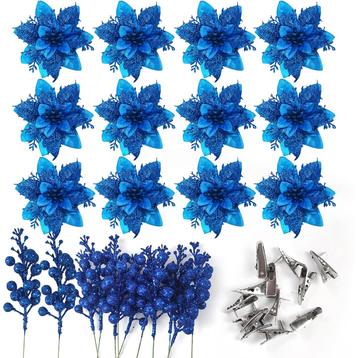 Rainmae 12pcs 5.5inch Christmas Artificial Flower Berry Stems, 12pcs Royal Blue Glitter Poinsettia Flower Decorations for Christmas Tree Ornaments Christmas Wreath DIY Garland Ornaments Wedding Party