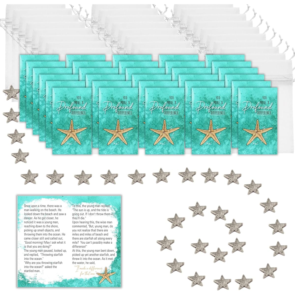 Smiling Wisdom - 25 Bulk Gifts - Starfish Tale Mini Keepsake Cards Bags Artistic Beading - Employee Appreciation Wedding Gifts (75 Pieces) - Seafoam