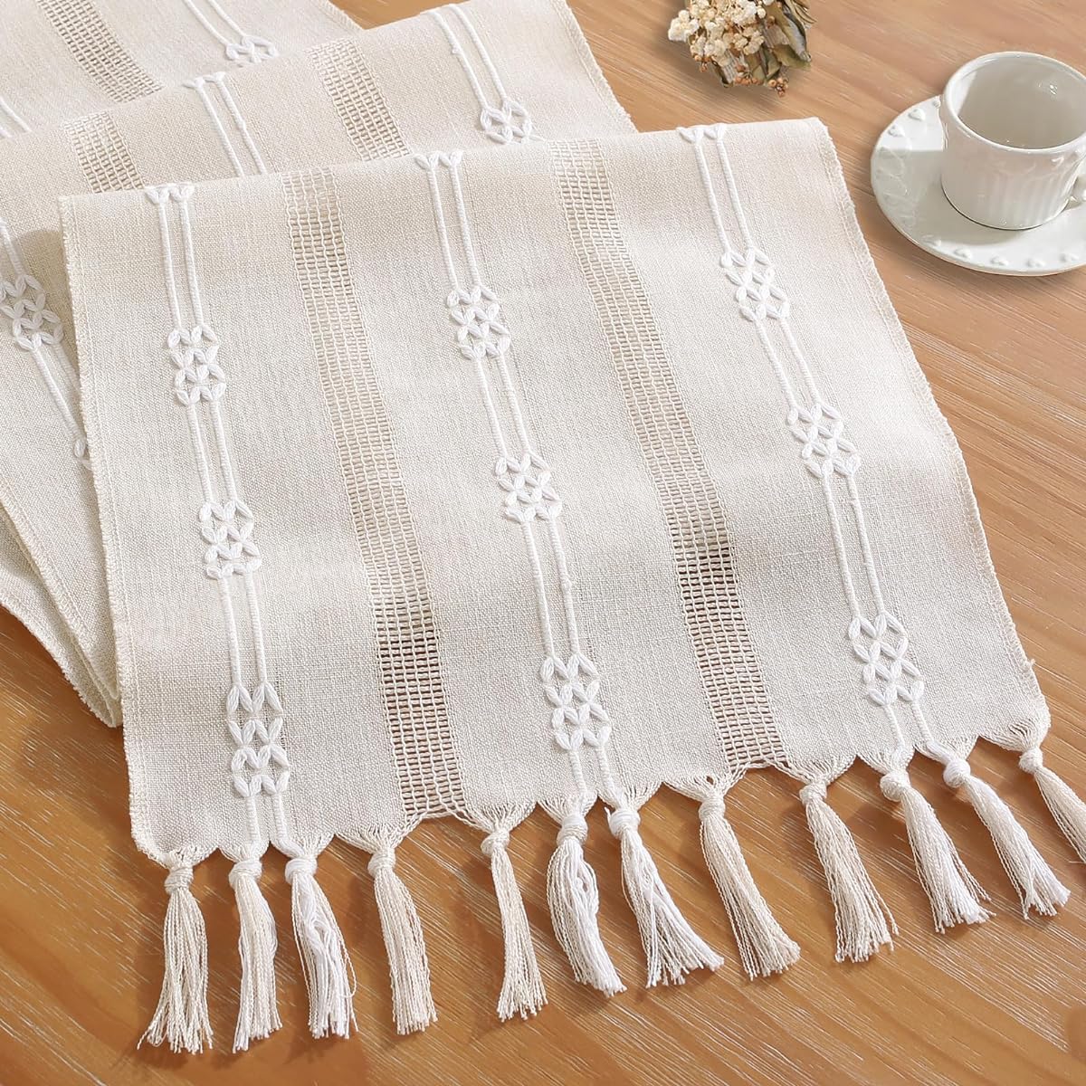 Cenebonxy Rustic Boho Table Runner Kitchen Table Runner Farmhouse Table Runner 90" Long for Dining Table Decor 13x90" Ivory