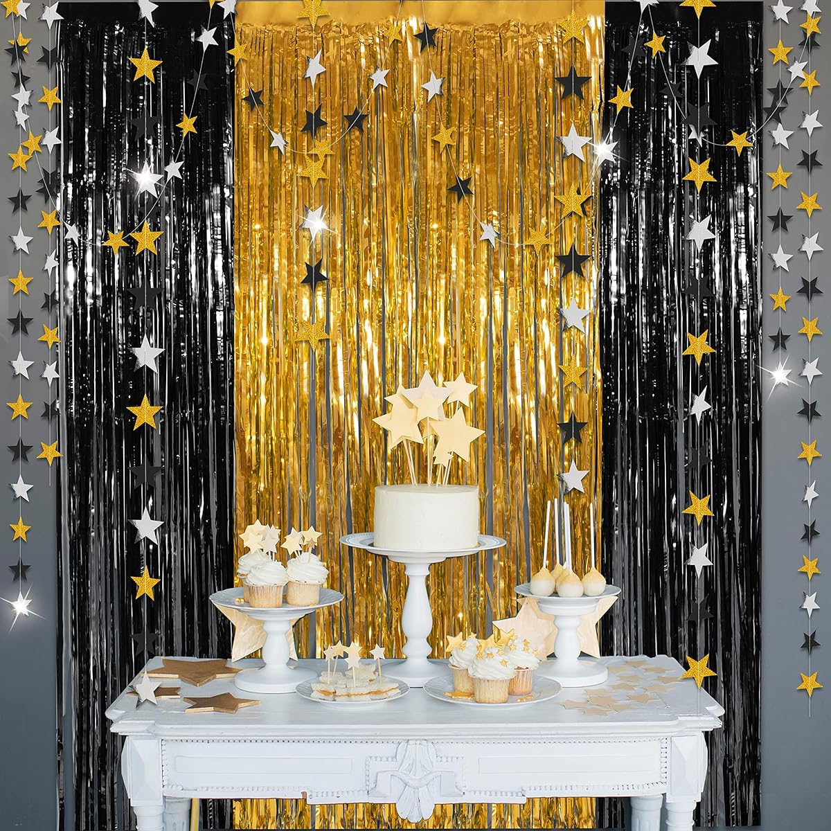 Gold Black Silver Tinsel Foil Fringe Curtain Backdrop Star Garland Kit Party Decoration Graduation NYE New Year Birthday Wedding Retirement Anniversary Party Supplies